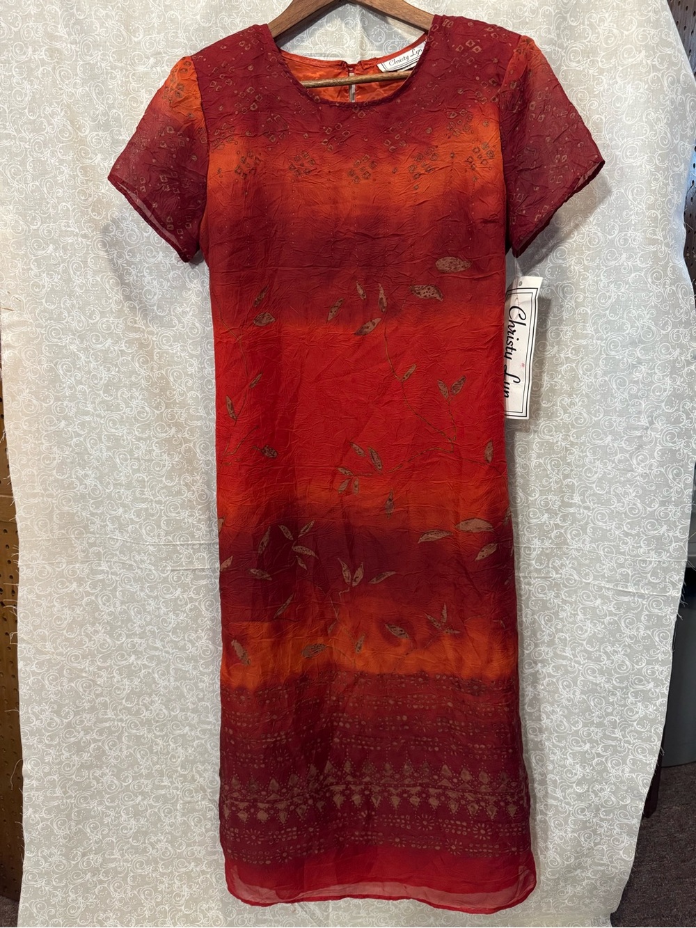 NWT Christy Lyn Sheer Overlay Midi Dress Red Orange Abstract Leaf Print 13/14